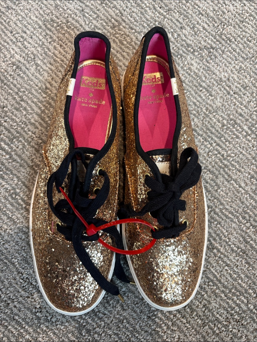 kate spade Gold Glitter Low-Top Sneakers with Black Trim
